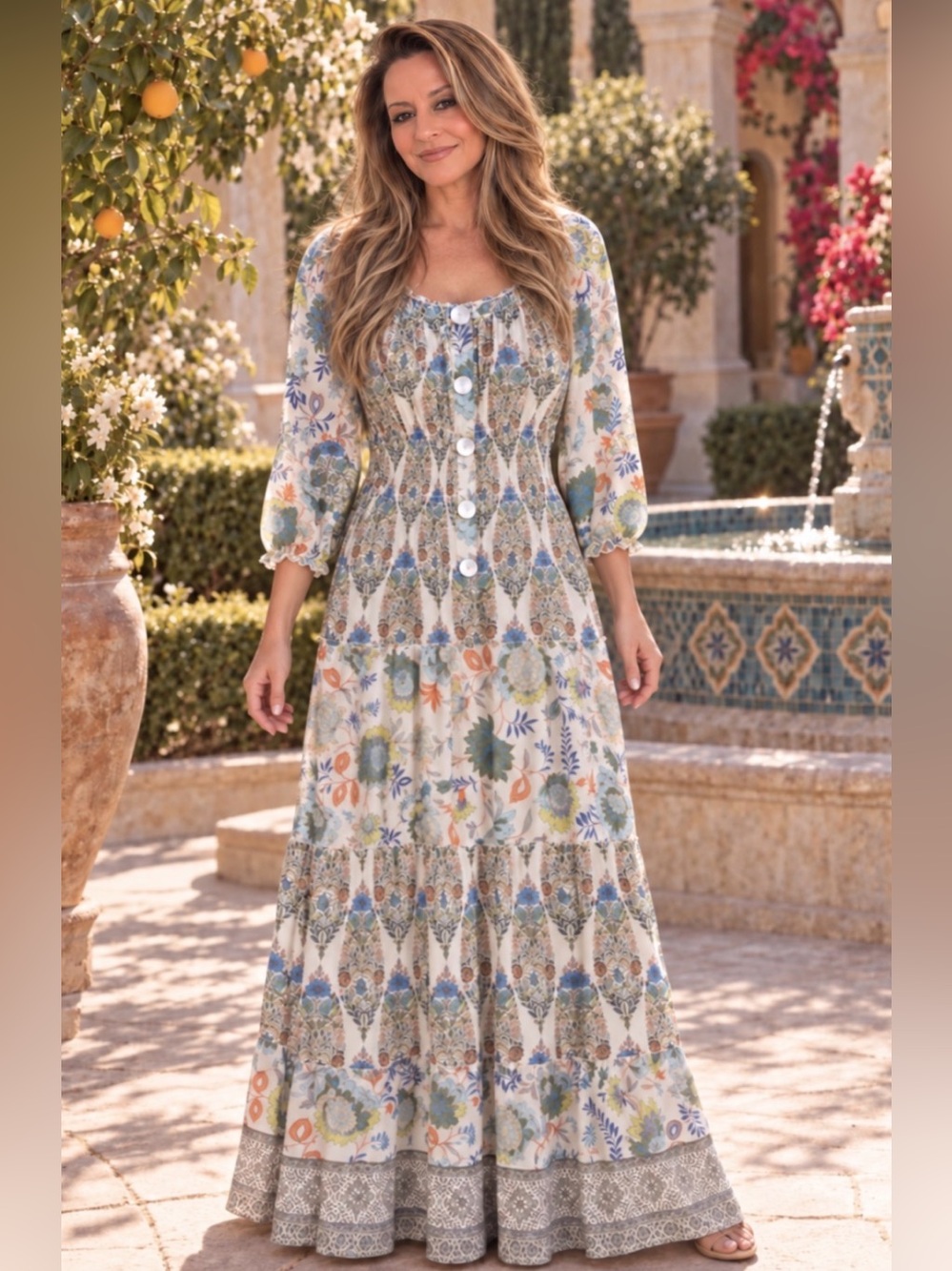 NWT Boho Figueroa and Flower Green Cream Blue Maxi Tiered Smocked Dress L